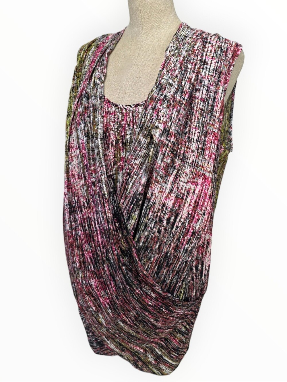 BCBGMAXAZRIA Runway Doris Top Women's M Black Multi Draped Sleeveless Blouse